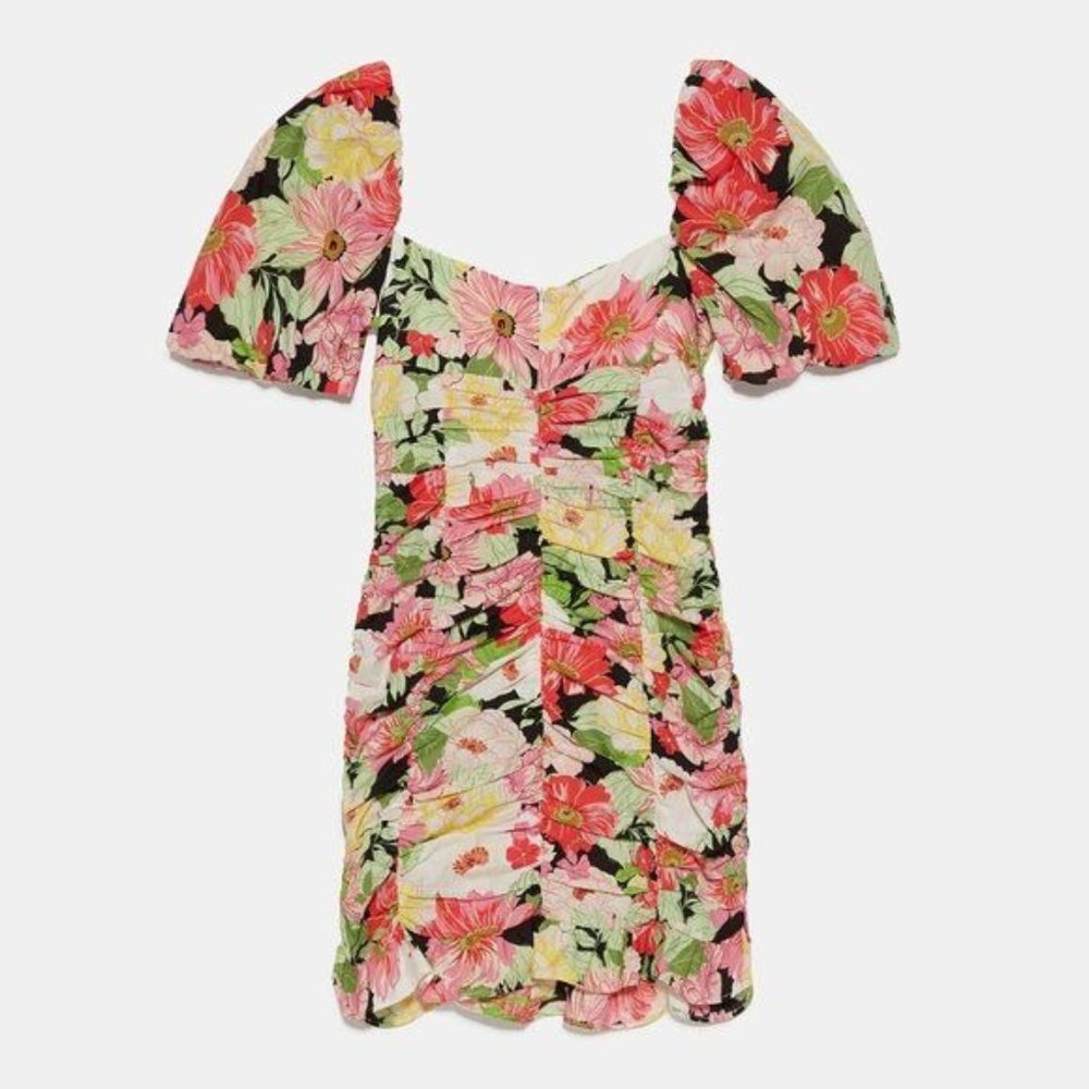 Zara Smocked Floral Ruched Puff Sleeve Mini Dress XS - Picture 2 of 11
